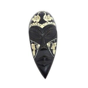 Indonesian Fang Mask Black w Birds Carved Wall Hanging Ngil Voodoo Witchdoctor